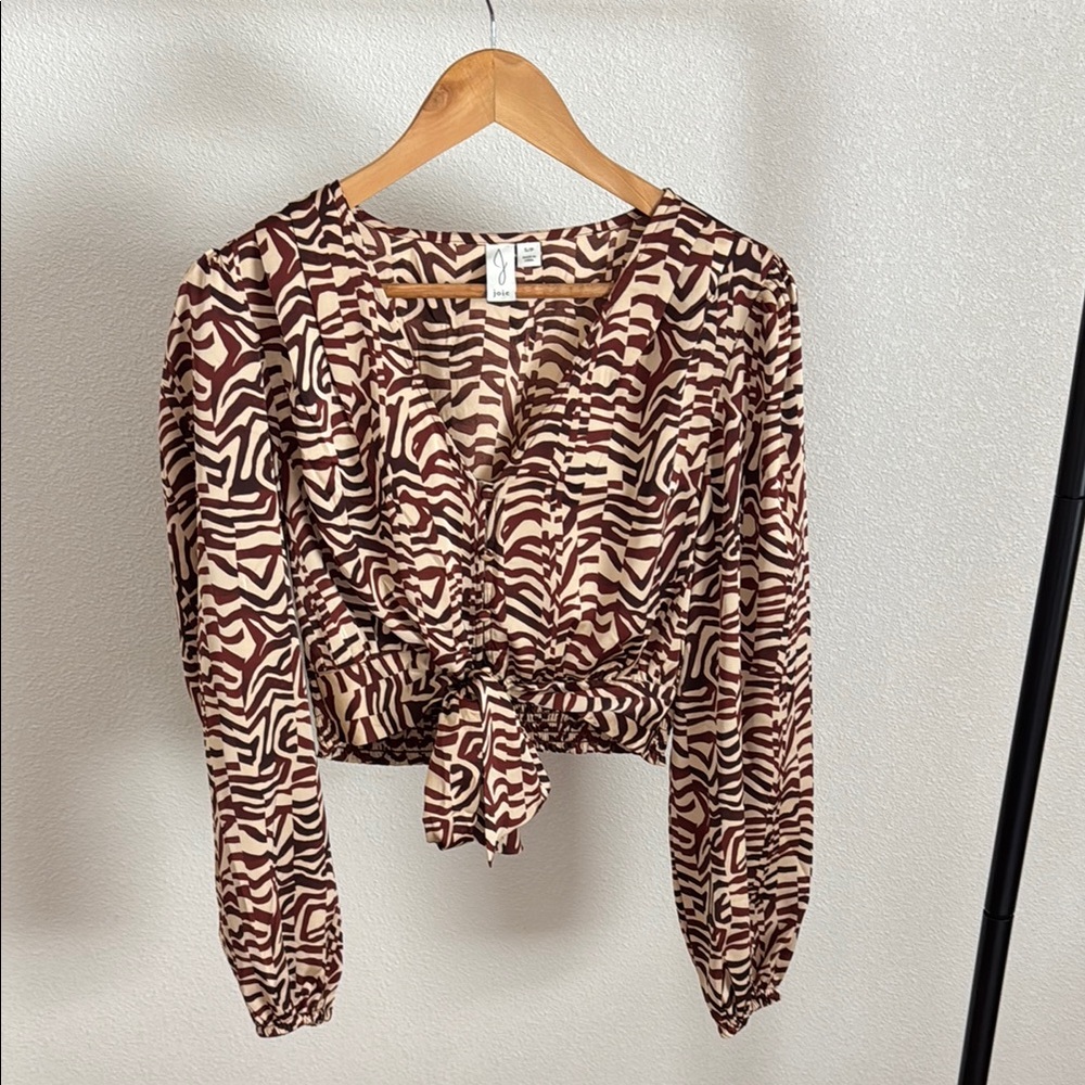 Joie Cream and Brown Puff Sleeve Crop Blouse